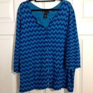 LANE BRYANT Size 22 24 Cotton Two Toned Blue Cardigan Sweater Zig Zag Stripe